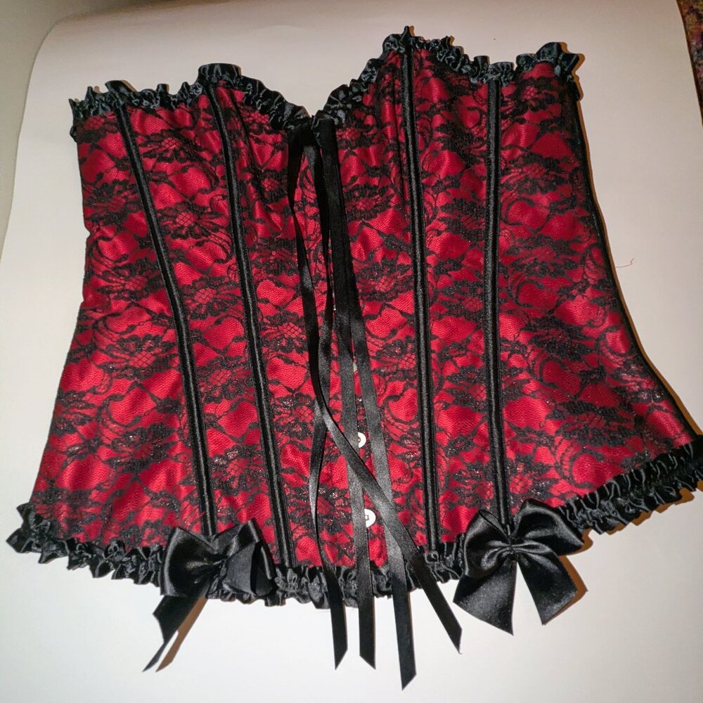 Red & Black Lace Corset Bustier | Size Large | Ribbon & Boning Detail